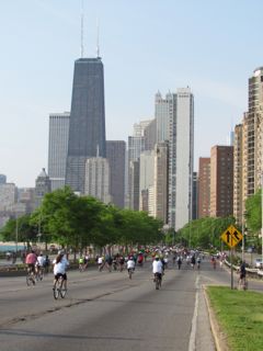 Biking towards downtown Chicago